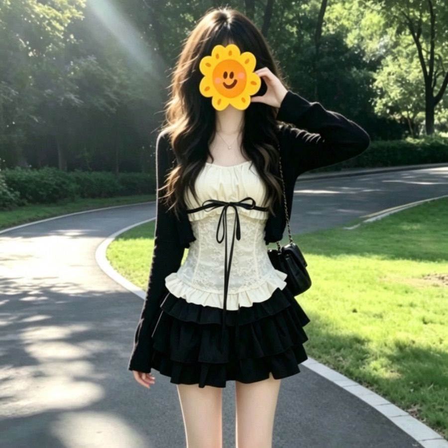 性感甜辣风黑色短款开衫套装提花吊带抹胸蛋糕半身裙百搭三件套女