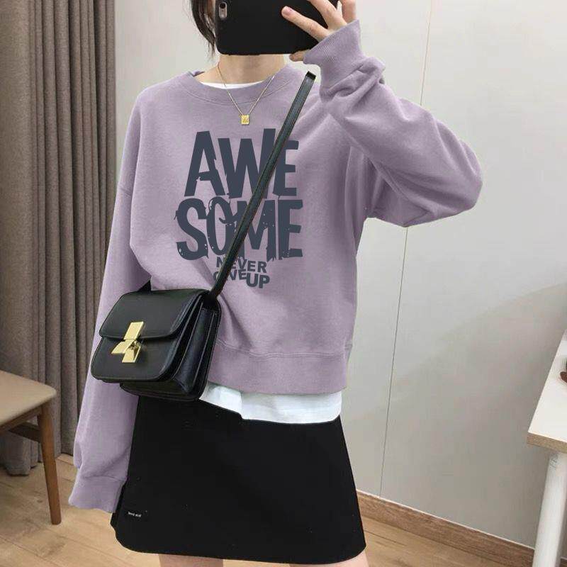 假两件圆领套头短款卫衣女加绒加厚春夏上衣宽松小个子春秋薄款
