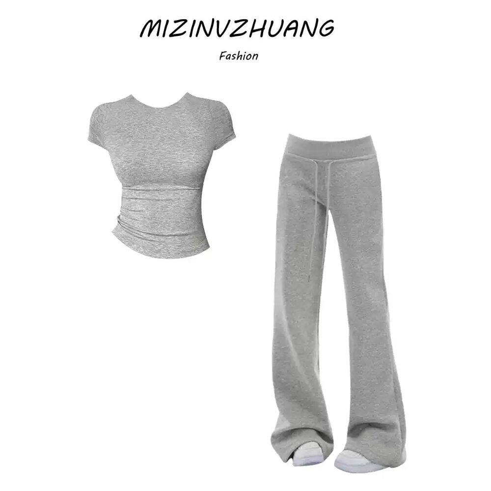 韩系穿搭一整套时尚灰色修身短袖恤女春夏抽绳高腰阔腿裤两件套