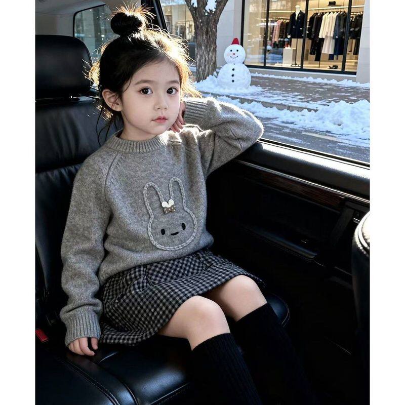韩版女童2025秋冬新款灰色可爱兔子针织毛衣小女孩格子夹棉半身裙