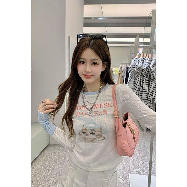 韩式甜美可爱猫咪印花撞色长袖恤女春季新款小个子修身短款上衣图片