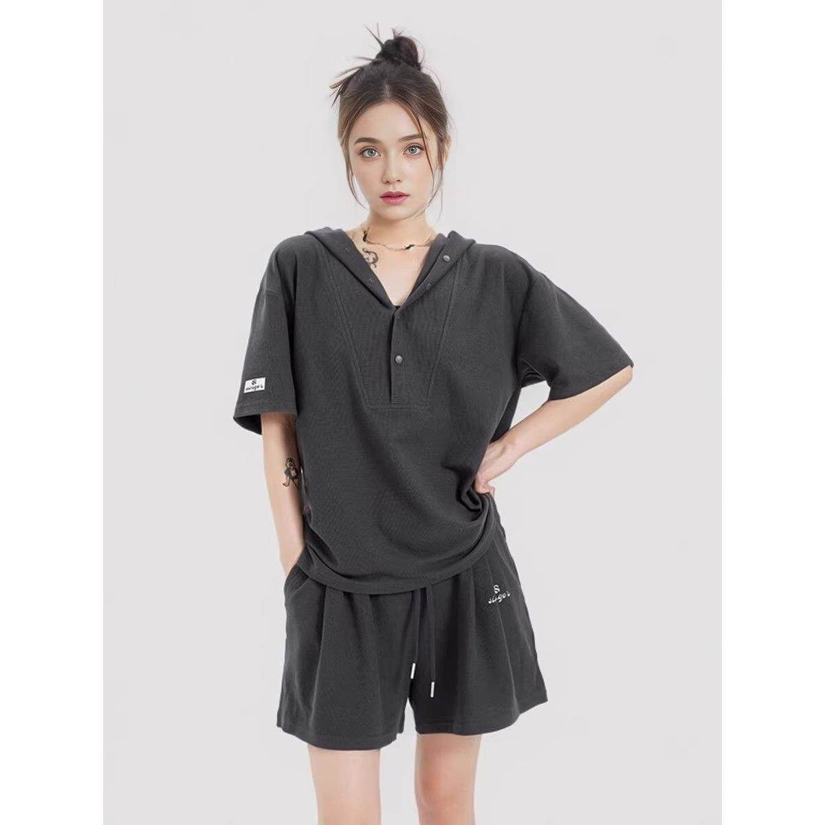元气少女休闲运动套装运动服套装夏季宽松显瘦连帽短袖短裤两件套
