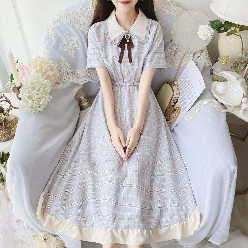 落跑公主小清新学院风娃娃领蝴蝶结格子拼接收腰少女雪纺连衣裙