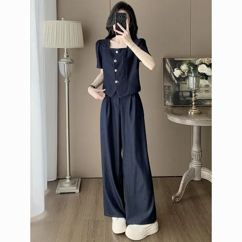 大码女装时尚2025套装夏季新款通勤上衣阔腿裤外穿两件套洋气