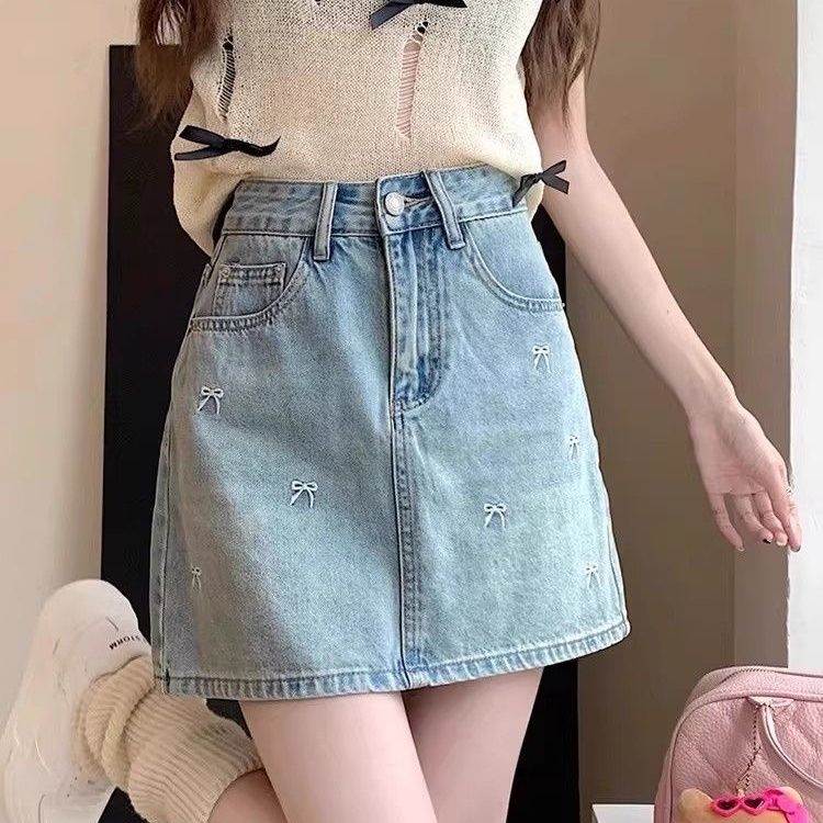 夏季高腰牛仔半身裙胖新款女装蝴蝶结刺绣显瘦防走光短裙