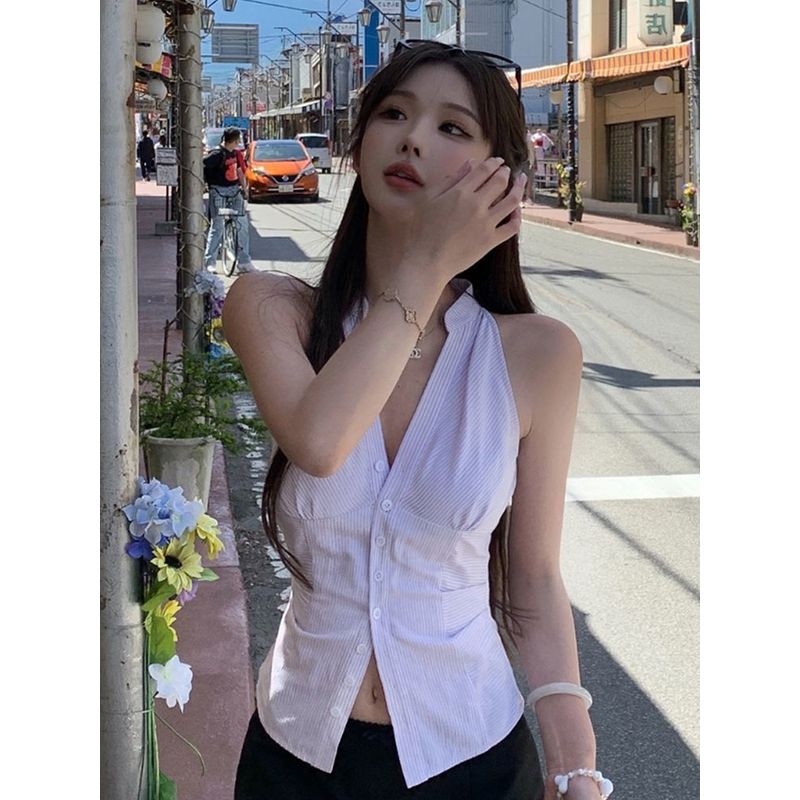女生小众时尚修身气质短款露脐上衣夏季设计感条纹性感无袖衬衫潮