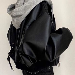 韩国chic春秋小众复古钉扣双口袋休闲宽松百搭假两件连帽皮衣外套