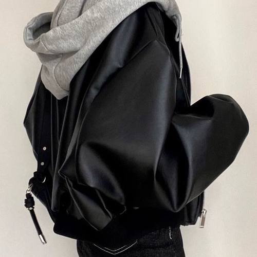 韩国chic春秋小众复古钉扣双口袋休闲宽松百搭假两件连帽皮衣外套