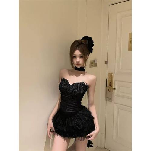 黑色两件套女夏高级感辣妹网纱拼接抹胸背心高腰蛋糕半身裙a字裙