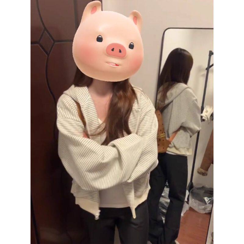 美式高街条纹连帽卫衣女秋冬短款宽松慵懒风韩系chic开衫拉链外套