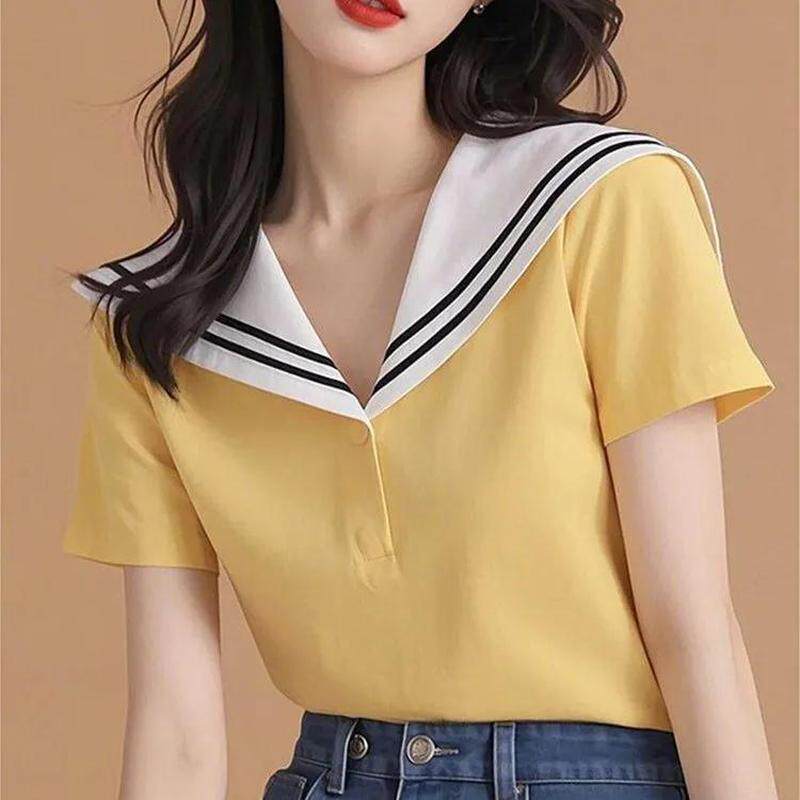 黄色海军领短袖T恤女夏季2025新款减龄穿搭洋气宽松套头别致上衣