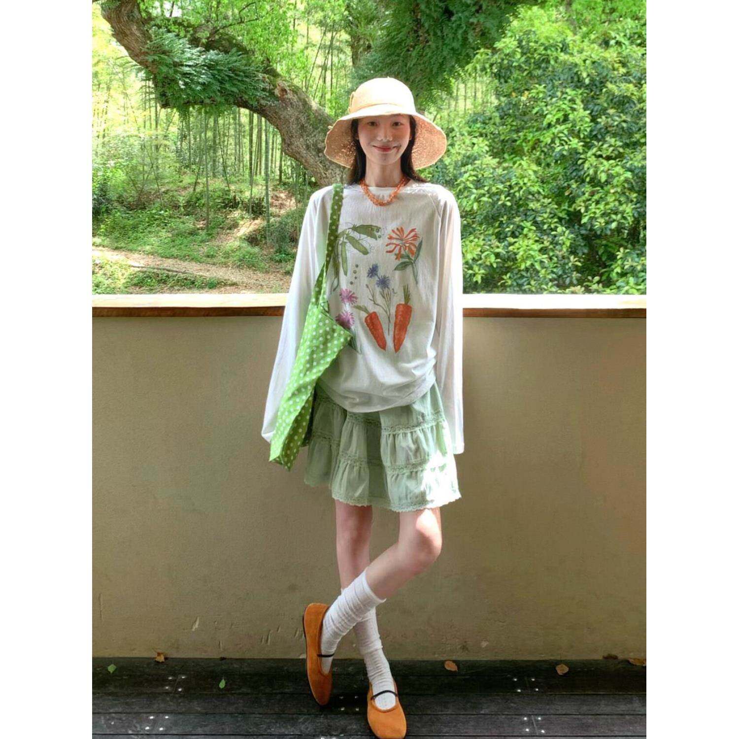 森系慵懒风穿搭一整套女夏季新款长袖防晒罩衫蛋糕短裙子两件套装