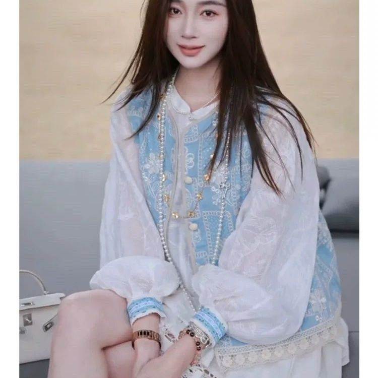 早秋季穿搭一整套新中式女国风蓝色马甲白色衬衫轻奢高级感两件套