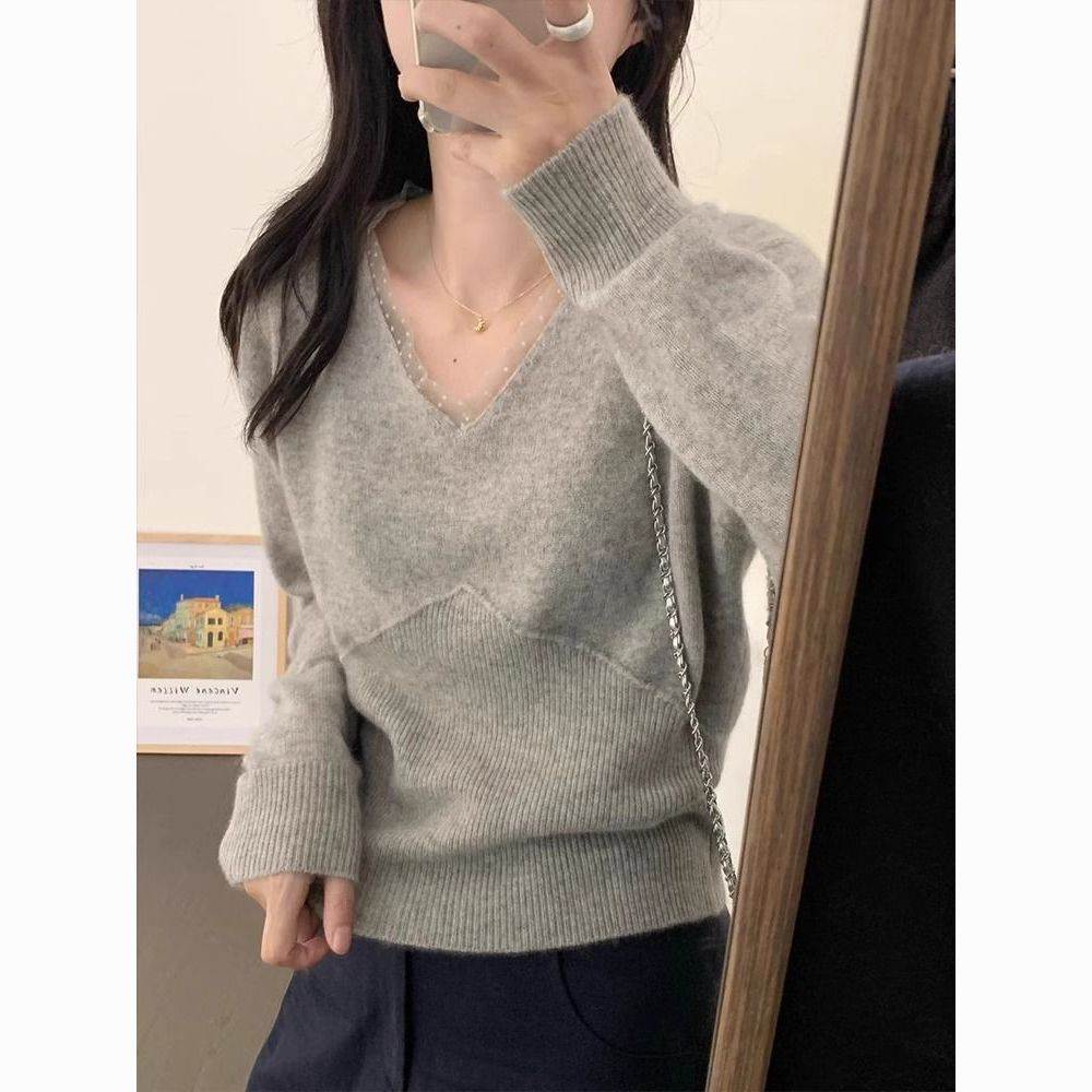 韩系灰色温柔领长袖针织衫女秋冬高级感修身毛衣打底衫气质上衣