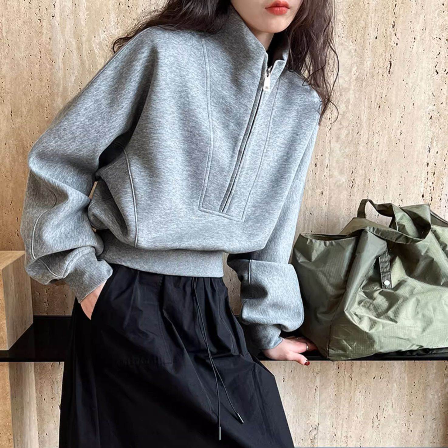 美式半拉链高领短款套头卫衣女小个子2026春宽松休闲运动辣妹上衣