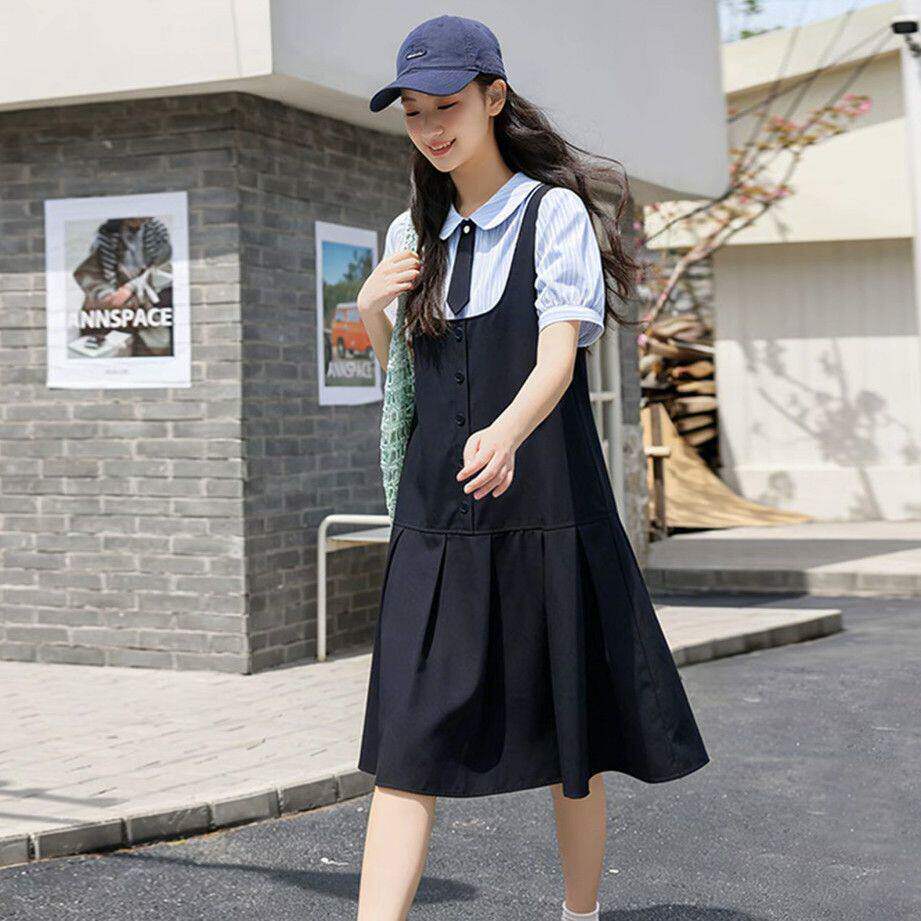 韩版假两件显瘦版型初高中女学生夏季连衣裙短袖条纹