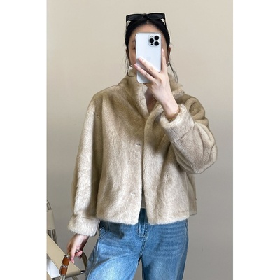 海宁水貂绒皮毛一体外套女冬季新款加厚环保毛皮草外套时尚短款