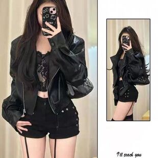 美式辣妹皮衣外套女秋季2025新款小众设计感拉链短款机车夹克上衣