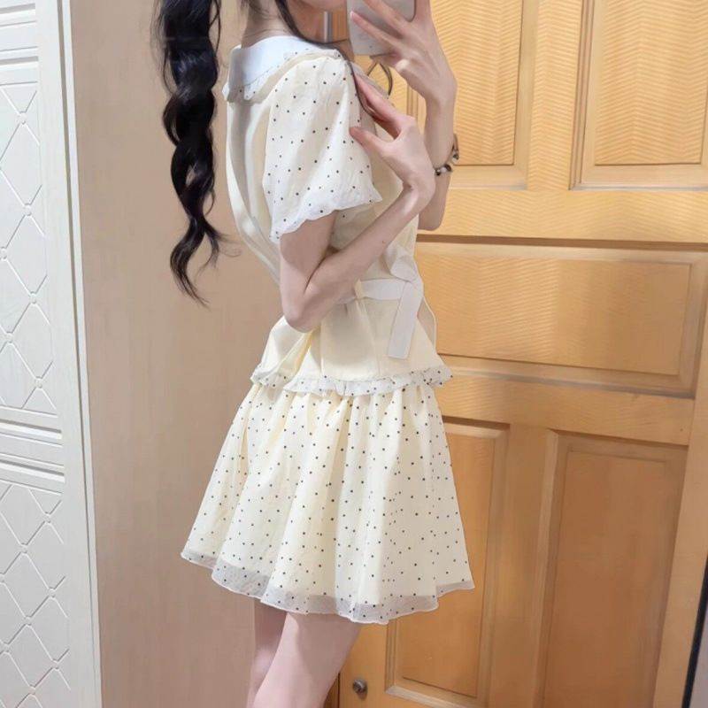 甜妹学院风波点半身裙子套装女夏季娃娃领短袖上衣蛋糕短裙两件套