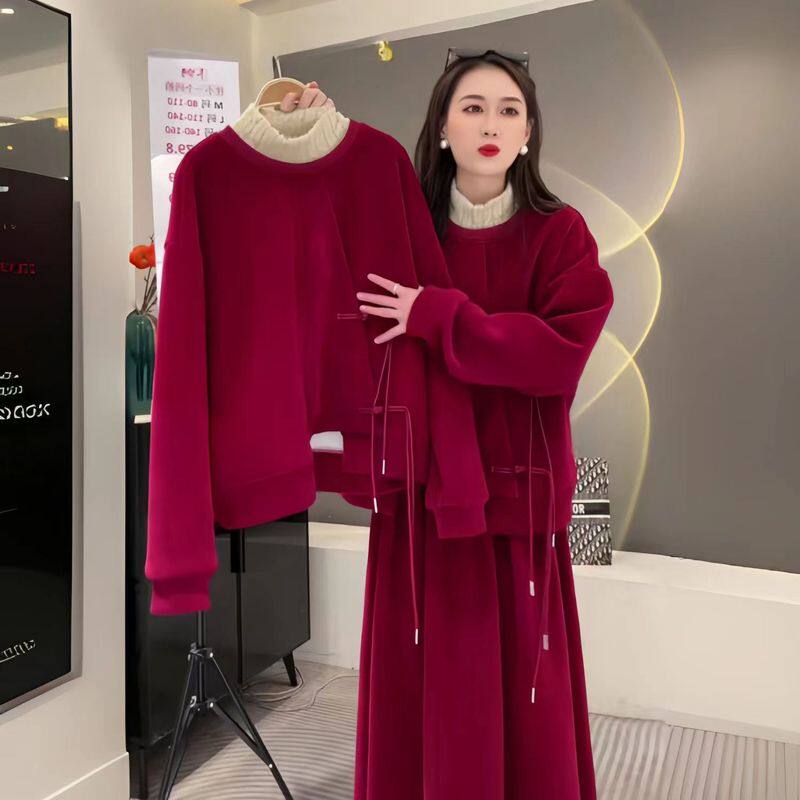 新中式套装女2025秋冬新款中国风盘扣加绒卫衣半身裙子两件套