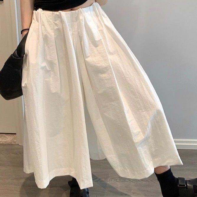 设计感抽绳高腰半身裙女夏秋大码胖白色百褶字七分裙裤