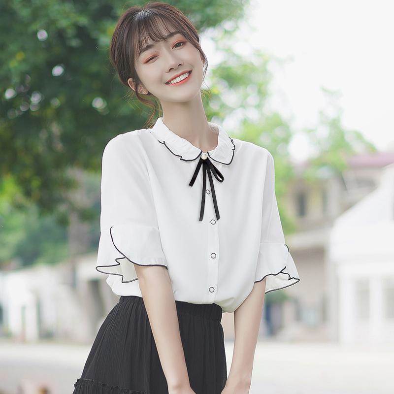 2026夏新款韩版拼接荷叶边短袖衬衫女宽松纯色娃娃领蝴蝶结雪纺衫