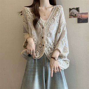 波西米亚风钩花镂空V领衬衫女装夏大码胖mm外搭防晒开衫遮肚上衣