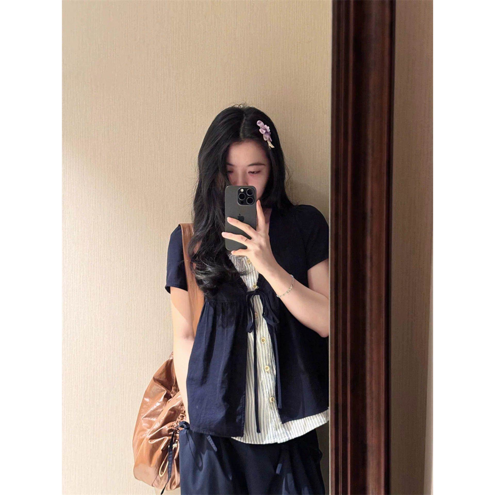 韩系复古假两件拼接短袖衬衫女夏季设计感修身显瘦百搭休闲上衣潮