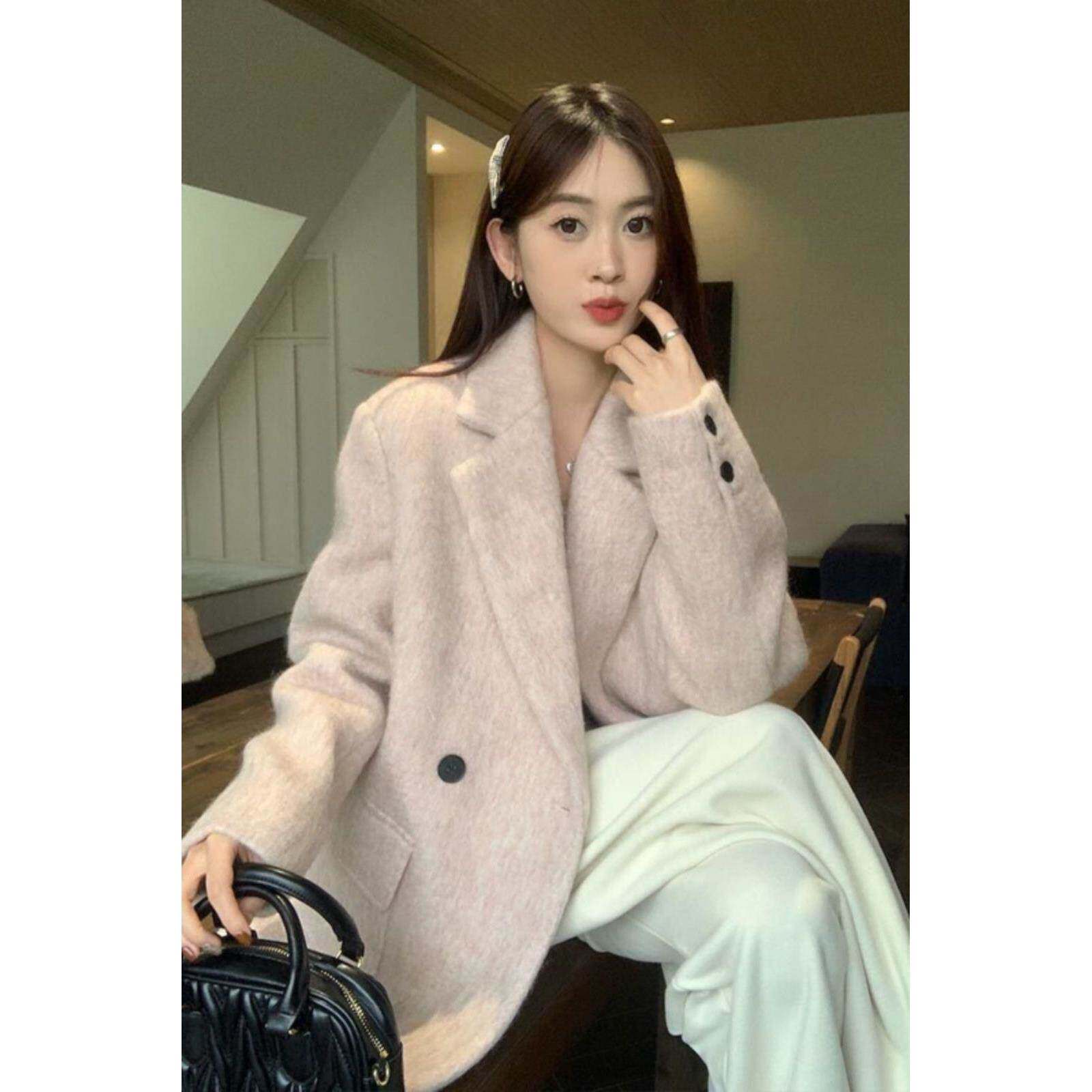 粉色咩咩毛呢西装外套女秋季韩系高级西服上衣时尚百搭气质宽松