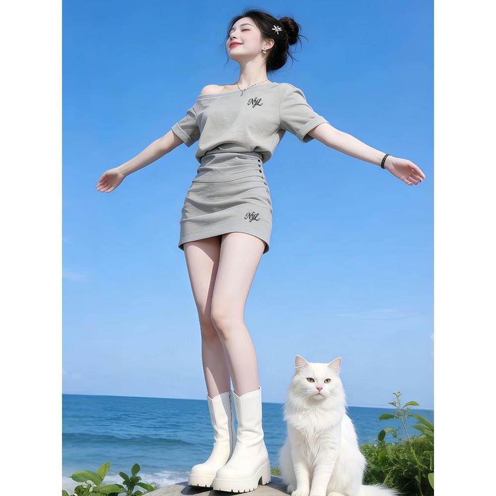 高含棉韩系减龄休闲套装女2026年夏季新款一字肩上衣短裙两件套潮