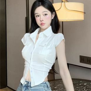 衬衫 polo领修身 纯欲辣妹白色正肩短袖 女夏季 上衣 紧身短款 衬衣法式