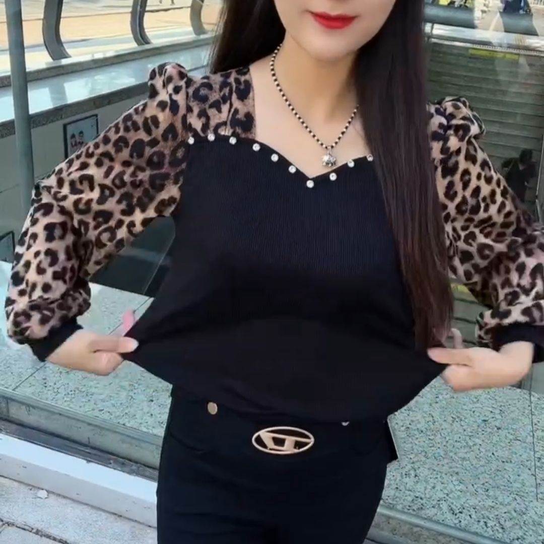 打底衫女春夏内搭时尚减龄洋气碎花雪纺针织假两件重工镶钻女上衣