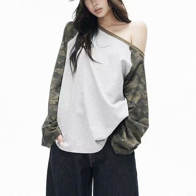 美式复古迷彩撞色灰拼接斜肩宽松慵懒恤休闲2026秋季上衣