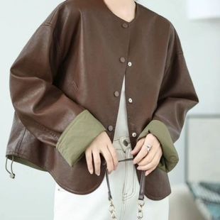 圆领夹克上衣 蝙蝠袖 2025早秋两面穿PU短款 皮衣外套女高级感新款