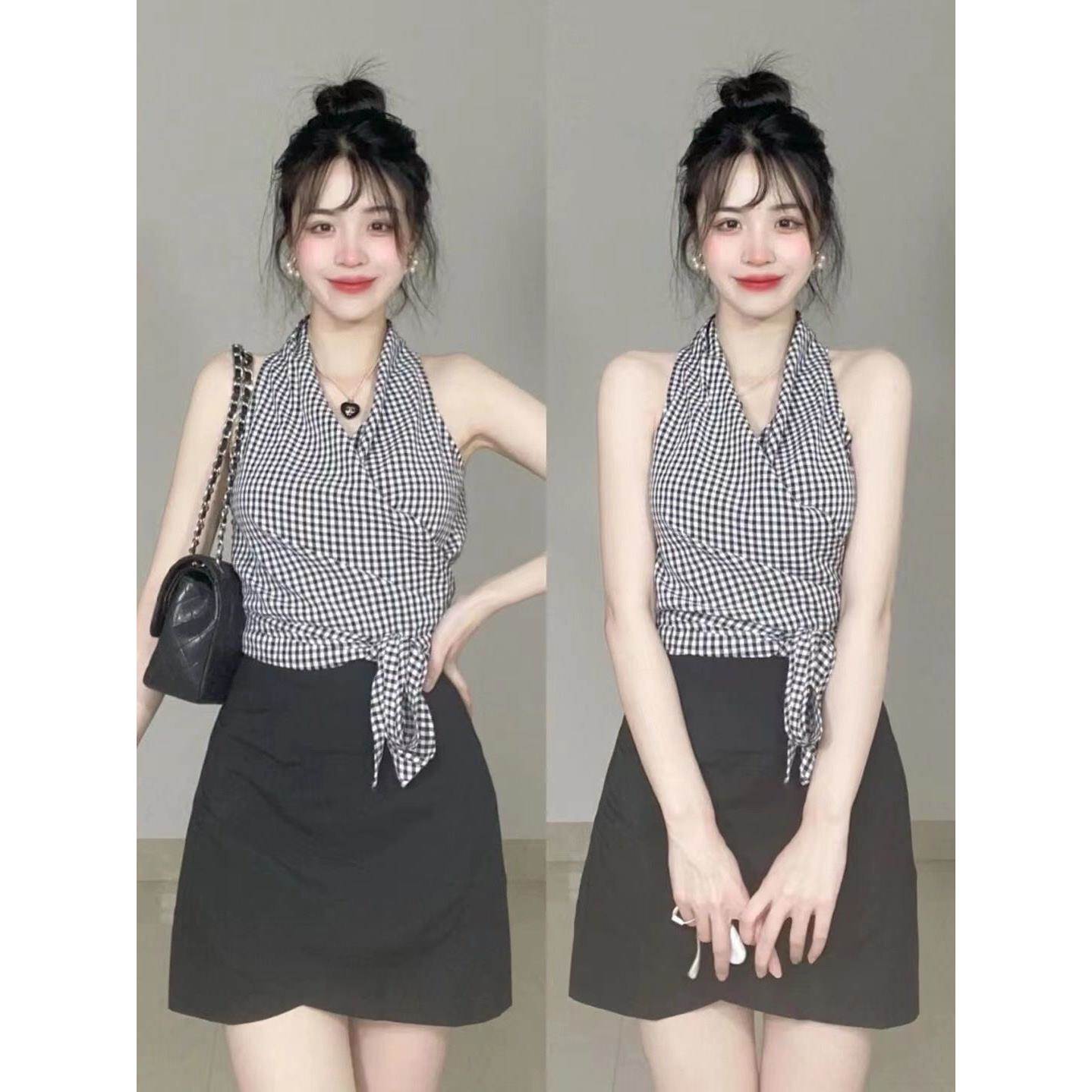法式无袖挂脖上衣女夏季设计感外穿露肩气质领收腰交叉绑带背心