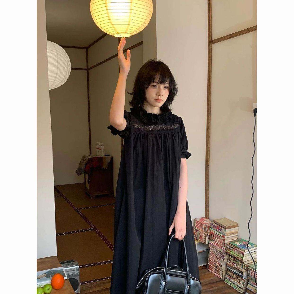 复古感日系少女感蕾丝镂空拼接花边领遮肉连衣裙长裙2026春夏