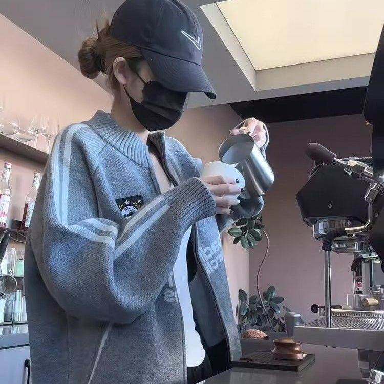 美式复古拉链立领开衫毛衣女春夏慵懒风宽松外穿内搭针织外套上衣