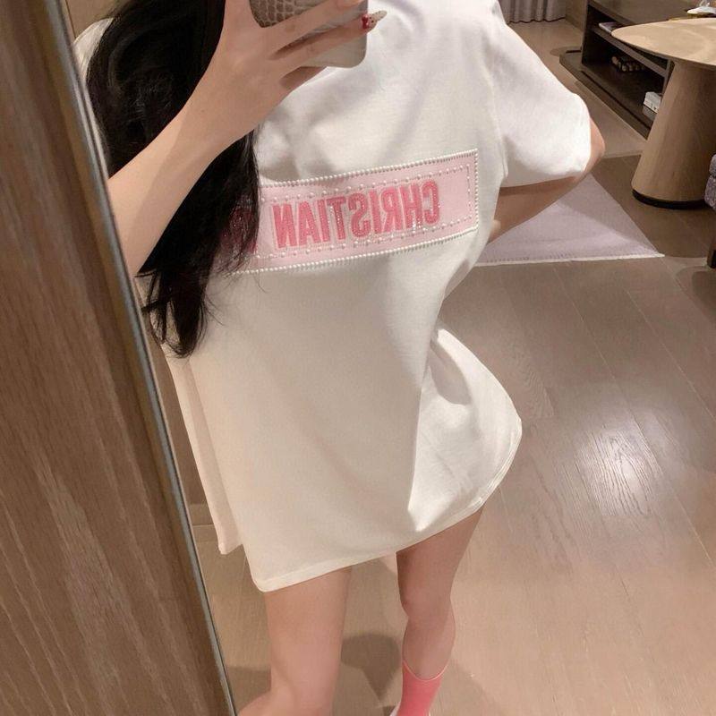 25欧洲站夏季新款烫珠烫钻字母印花甜美中长款圆领短袖T恤女上衣