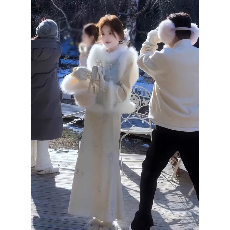 加绒加厚新中式国风套装改良旗袍连衣裙马甲大方得体两件套2025冬