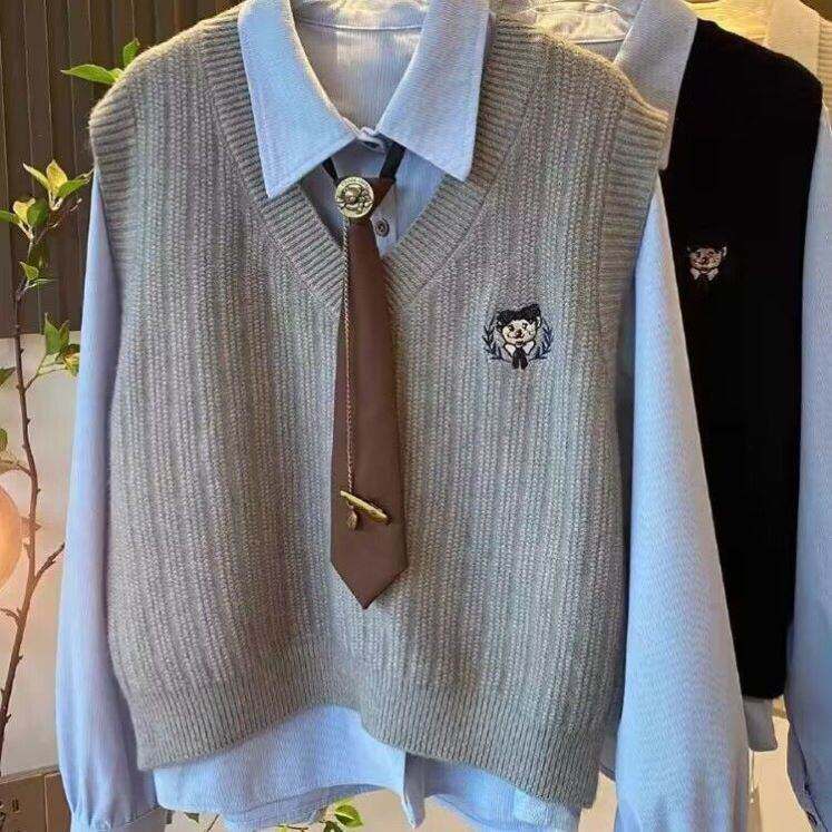 学院风减龄刺绣针织马甲女韩版翻领长袖领带衬衫春秋穿搭三件套装