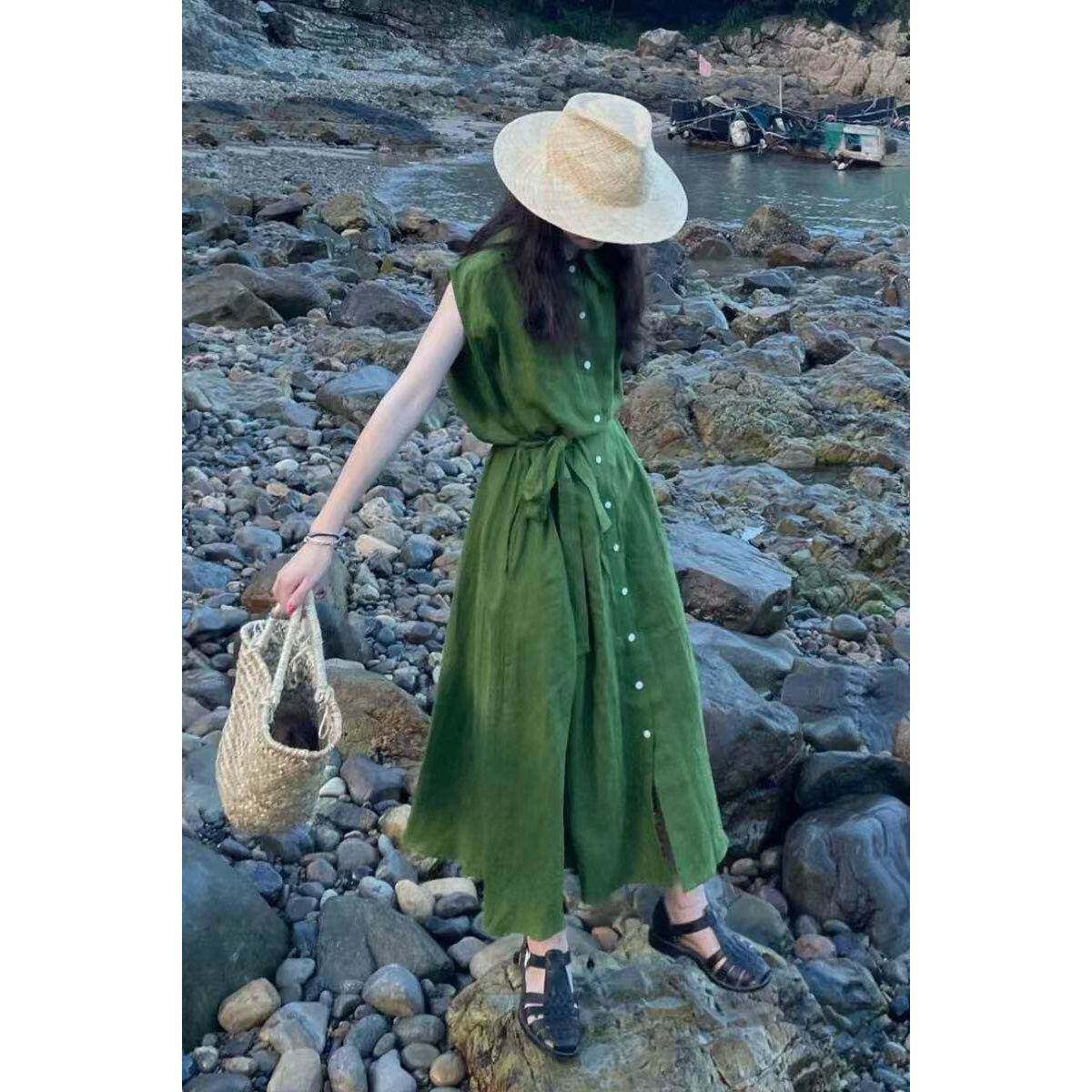 一线大牌尾货复古领绿色衬衫无袖连衣裙子女夏简约休闲氛围收