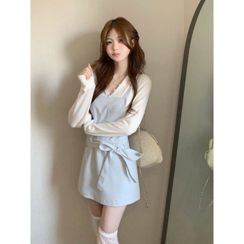 韩系温柔减龄两件套春秋甜美内搭蝴蝶结背带裙套装女