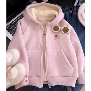 女童加绒外套秋冬季2025新款韩版洋气中大儿童装加厚连帽开衫卫衣