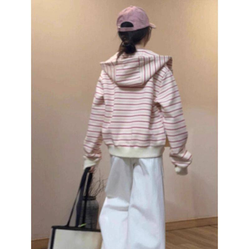 2025新款粉色条纹连帽卫衣女秋冬短款宽松慵懒风韩系学生开衫外套