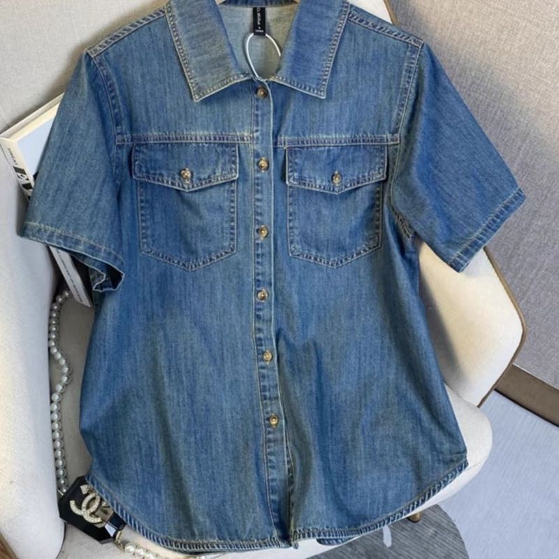别致牛仔衬衫女2025夏新款韩版翻领宽松显瘦叠穿薄款短袖外套上衣