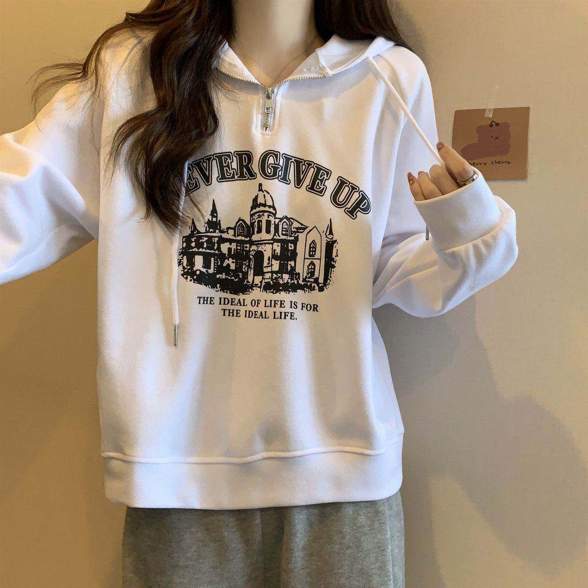 美式复古春秋薄款连帽卫衣女宽松小个子短款半拉链春季加绒上衣