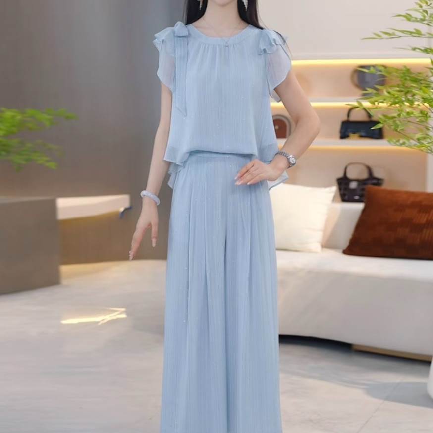 时尚套装2026夏闪片雪纺飞飞袖上衣垂感阔腿裤显瘦气质两件套女装