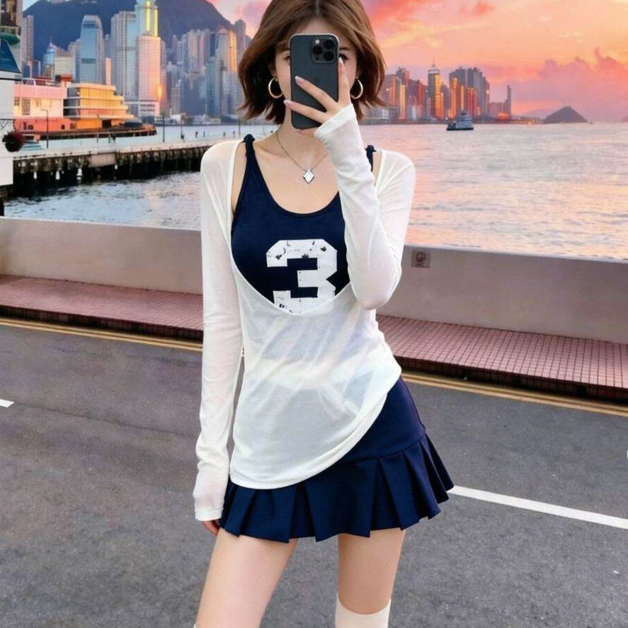 美式辣妹风休闲运动套装女夏季高级感防晒罩衫背心吊带短裙三件套