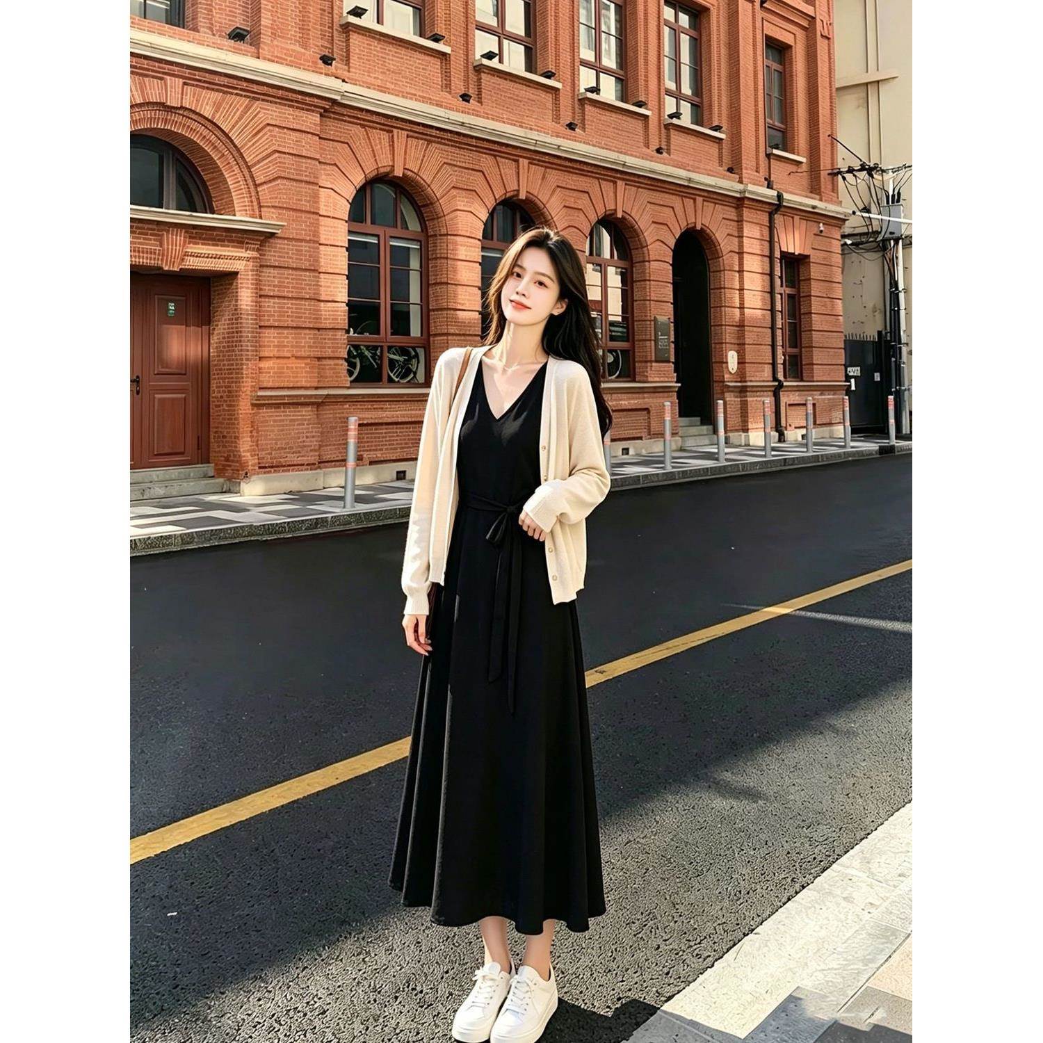 连衣裙女夏季宽松休闲长裙气质高级感显瘦裙子开衫两件套遮肉黑色