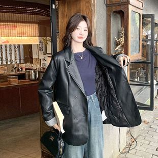 新款 女冬季 气质高级感炸街厚外套潮 胖MM黑色皮衣西装 300斤特大码